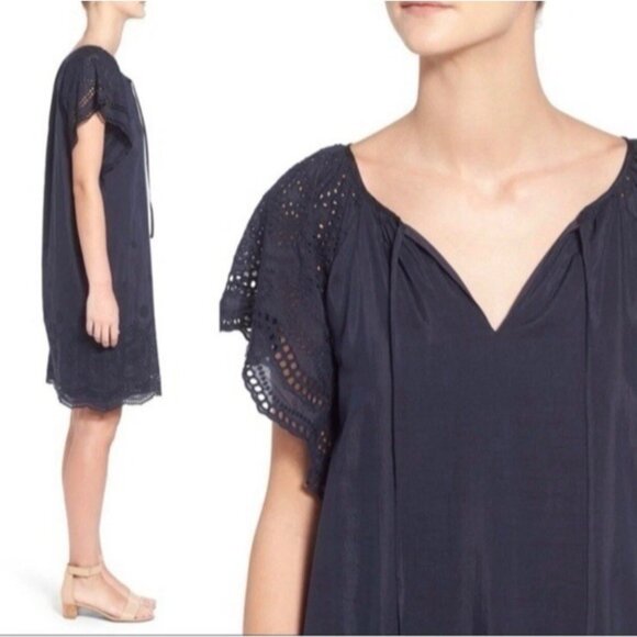 Madewell Dress Navy Blue Medium 6 8 10 Short Sleeve Embroidered Silk Cotton - Picture 2 of 15